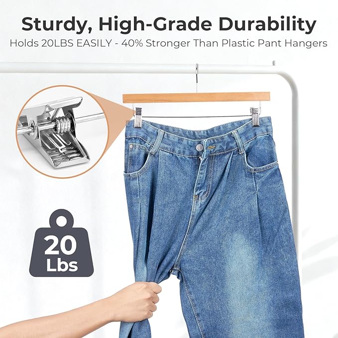 HOUSE DAY Premium Wooden Pants Hangers 25 Pack, Solid Lotus Wood Skirt Hangers with 2-Adjustable Clips, Heavy Duty & Anti Slip Wood Bottom Hanger for Slacks, Jeans, Trousers, Shorts (Natural)