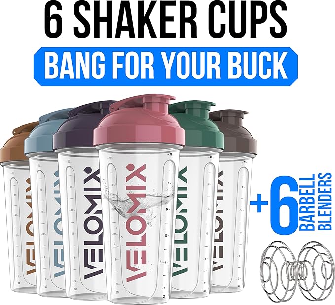 VELOMIX -6 PACK- 28 oz Protein Shaker Bottle for Protein Mixes - 6x Wire Whisk | Leak Proof Shaker Cups for Protein Shakes | Protein Shaker Bottle Pack | Protein Shake Cup (Muted Clarity)