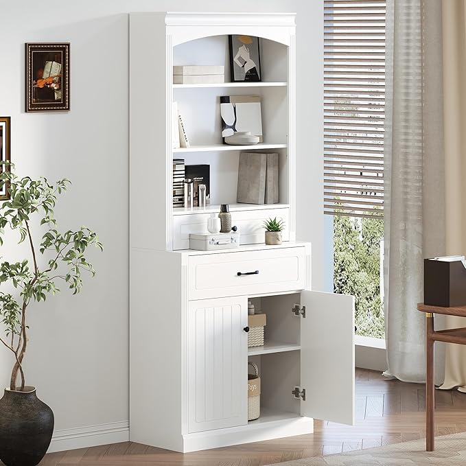 Tall Cabinet with 2 Drawers and Doors, Multi-Functional Storage Unit Set/Bookcase, Kitchen Cabinets, Pantry Cupboard for Living Room/Home Office/Bathroom, White