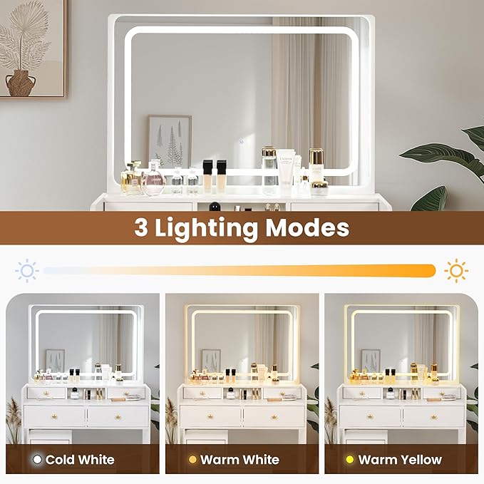 Pamapic Vanity Desk with File Cabinet, 8 Drawers Makeup Vanity with Mirror and Lights,3 Lighting Modes Dressing Table with Chair, Power Outlet, Silent Slides, White