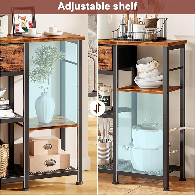 Furnulem 44'' Entryway Table, Industrial Console Sofa Table with Metal Mesh Storage Shelves, Shoe Rack Display Shelf for Front Door, Couch, Kitchen, Fabric Drawers, Rustic Brown