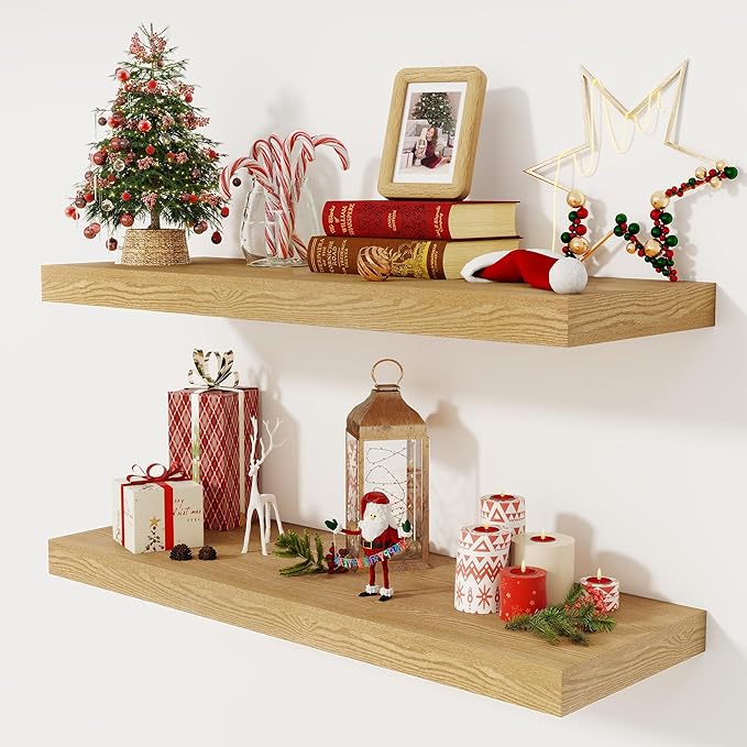 Floating Shelves 36 Inch Long, 12 Inch Deep Floating Shelves for Wall, 36 x 12 Shelves for Wall Storage & Display, 2" Thick Floating Shelf for Bathroom, Living Room, Bedroom, Oak Color, Set of 2