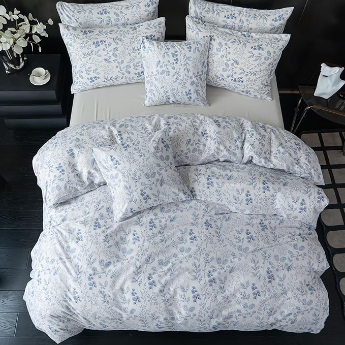 Floral Comforters Queen Size 3 Pieces Soft Chic Garden Style Blue Floral Print Lightweight Botanical Flower Comforter Set for All Seasons 1 Comforter and 2 Pillowcases