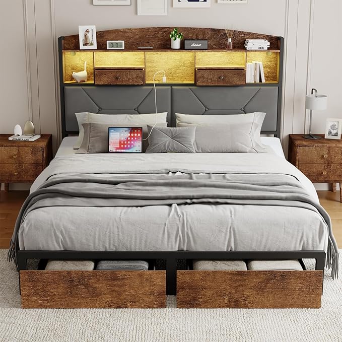 Full Size Bed Frame with 4 Storage, Upholstered Velvet Platform Bed Frames with Button Tufted Headboard Led Lights, Wooden Slats Support, No Box Spring Needed, Rustic Brown