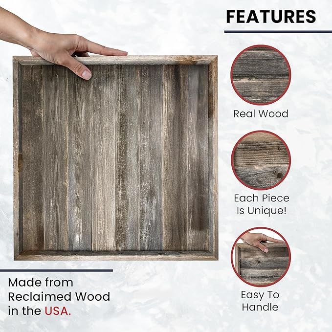 Wooden Ottoman Tray with Felt Pad – Decorative Couch Serving Tray Made with Real Rustic Reclaimed Wood - Perfect for Living Room Ottomans, Sofas, & Coffee Tables -24" x 24" - Natural Weathered Gray