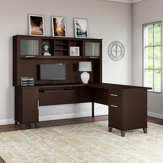 Bush Furniture Somerset L Shaped Desk with Hutch in Maple Cross | Corner Computer Table with Drawers, Cabinets and Pullout Keyboard/Laptop Tray for Home Office