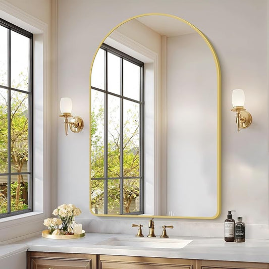 Arched Bathroom Mirror, 30"x48" Gold Arched Mirror for Bathroom, Wall Mounted Mirror, Gold Vanity Wall Mirror w/Metal Frame for Bedroom, Entryway, Living Room, Vertically Hanging