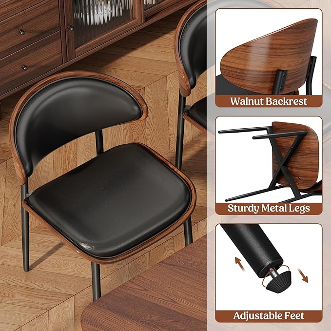 Dining Chairs Set of 2, Mid-Century Modern Upholstered PU Leather Chairs with Walnut Bentwood Back and Metal Legs Adjustable Feet for Kitchen Dining Room, Black PU