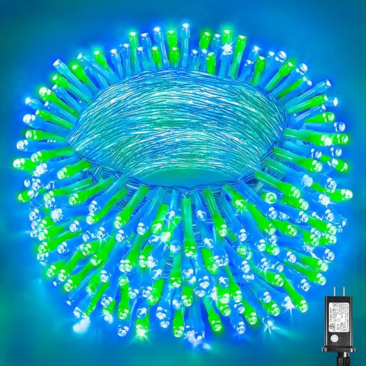 300 LED Christmas Lights Outdoor 100FT Connectable String Lights Indoor 8 Modes Clear Wire Plug in Waterproof Twinkle Fairy Lights for Bedroom Christmas Tree Party Decorations, Blue&Green