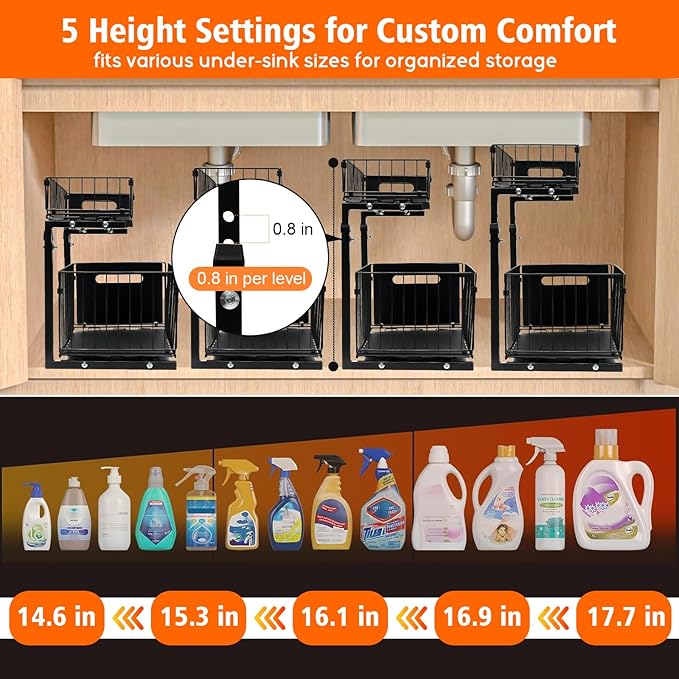 Under Sink Organizer, Multi-Purpose Sliding Cabinet Storage 2 Tier Sink Organizer, Adjustable Kitchen Organizers and Storage, Easy Install & Clean, Black