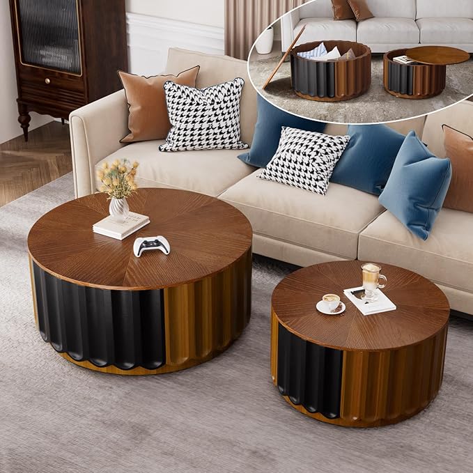 Nesting Coffee Table Set of 2 Modern Round Coffee Table with Non-Slip Feet, Wooden Circle Accent Tables Contemporary Drum Side Table End Table for Living Room Bedroom (Brown 26.8"+19.7")