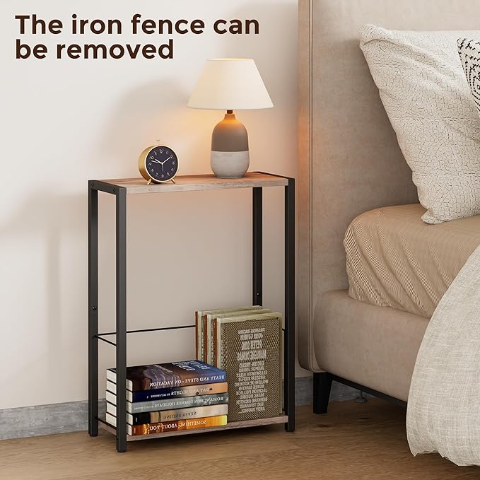 Narrow Side Tables Set of 2 with Magazine Holder, Skinny End Tables Perfect for Small Spaces, Space-Saving Design for Living Room, Bedroom, or Office, 7.1" D x 16.9" W x 23.6" H, Greige