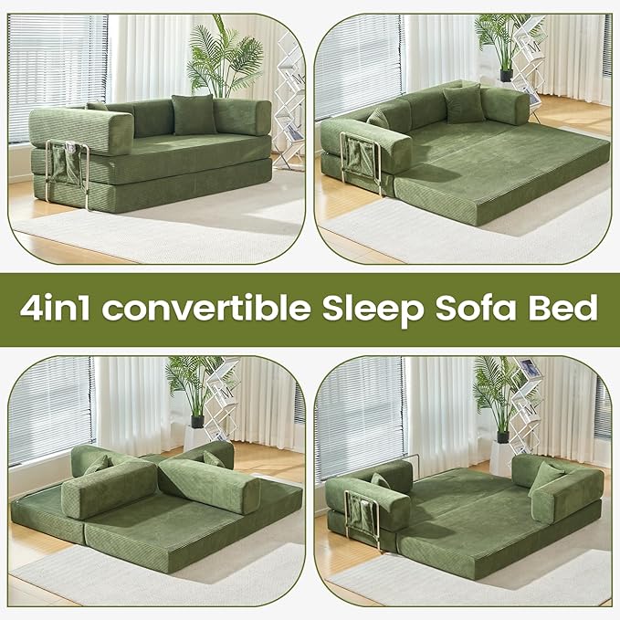 Folding Sofa Bed Convertable Corduroy Couch King Size Floor Sleeper 4-in-1 DIY Combination sofabed Fold Out Futon Lounge Comfy Foldable couches cama for Living Room (Green, 80.15")