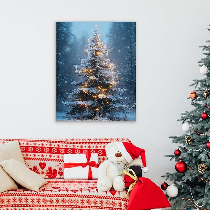 Framed Christmas Pictures Wall Decor,Vintage Pine Tree Prints,Winter Christmas Canvas Wall Art Decoration for Bedroom Bathroom Living Room Rustic Xmas Holiday Gifts (Christmas Tree 15, 20'' X 32'')