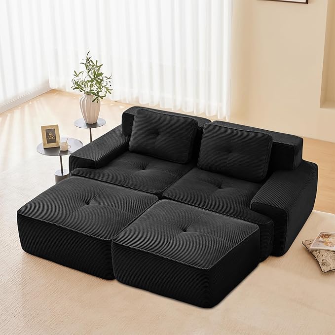 80" Modern Compressed Boneless Love Seat Couches with 2 Ottomans, 2 Seater Large Sectional Couches for Living Room, Black Corduroy Cloud Modular Sectional Sofa, Memory Foam, Deep Loveseat, No Assembly