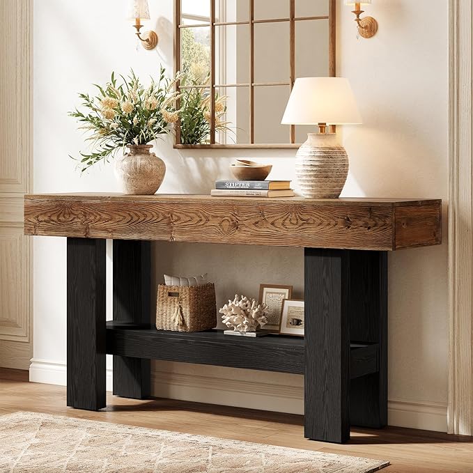 Solid Wood Black Console Table for Entryway, 63-Inch Long Narrow Sofa Table Behind Couch with Storage Shelf for Living Room, Hallway, Foyer, Entrance, Rustic Brown + Black