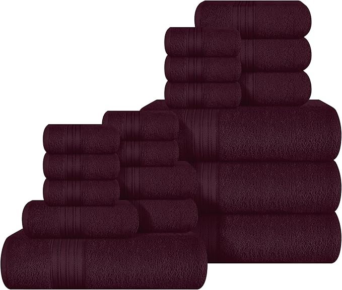 BOUTIQUO 100% Cotton Towel Set, Contains 4 Soft Bath Towel, 6 Hand Towels, 8 Wash Cloths - Compact Absorbent Lightweight & Quickdry Towels for Bathroom - 18 Piece Bathroom Towel Set - Burgundy