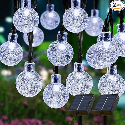 Solar Lights Outdoor Waterproof, 2 Pack Total 200LED 110FT Solar String Lights for Outside with 8 Modes, Outdoor String Lights Crystal Globe Patio Lights for Garden Yard Party Decor(Warm White)