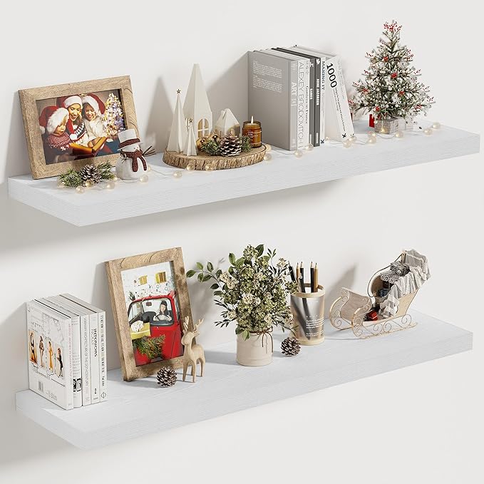 Vivelove 10 in Deep Floating Shelves for Wall, 30" x 10.2" x 1.5" Shelves for Room Wall Mounted, 1.5 Inch Thick Shelf for Bathroom Bedroom Kitchen Book Room, Modern Farmhouse Decor, Set of 2, White
