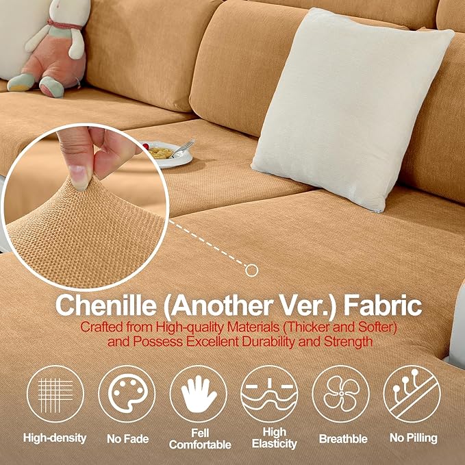Sectional Couch Covers for L Shaped Sectional Sofa (Left or Right Facing) – Softer Chenille Sofa Covers Washable, Non-Slip Stretch Chaise Slipcover (Only 1PC Chaise Cushion Cover, Khaki)