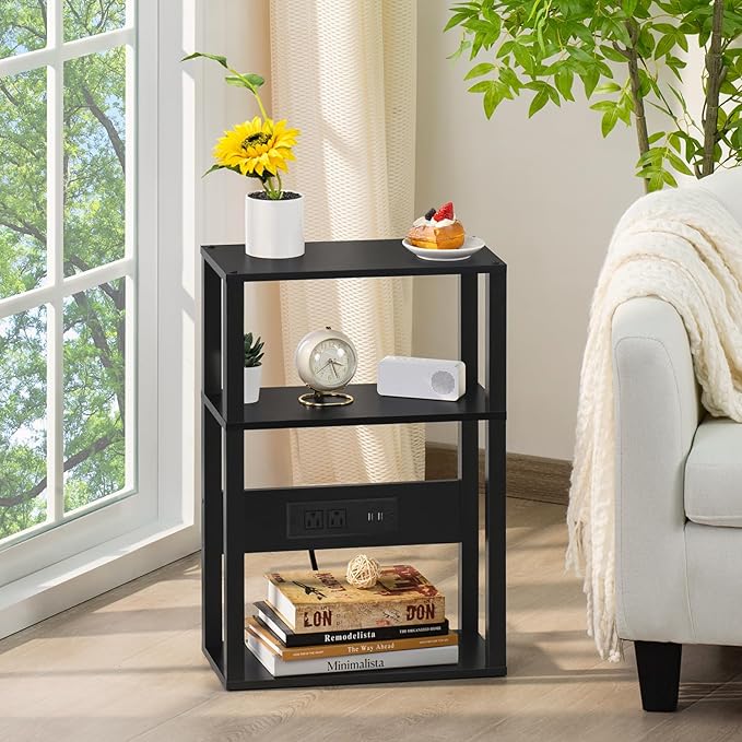 3-Tier Small Narrow Wood Side Table with Charging Station, Skinny Nightstand for Small Space, Slim Bedside Table with Storage for Couch, Thin End Table with USB Ports and Outlets, Black