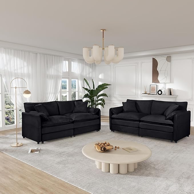 Chenille Sofa Set for Living Room, 2 Pieces Modern Deep Seat Oversized 3-Seater Cloud Couch for Bedroom, Office, Apartment, Furniture Set