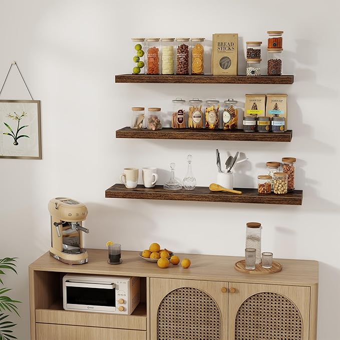 Floating Shelves Wall Shelf 40 Inch, 8 Inch Deep Floating Shelf for Wall, Farmhouse Black Wood Shelves Invisible Bracket for Living Room, Bedroom, Kitchen, 40 x 8 x 1.4 Inch, Set of 2, Rustic Brown