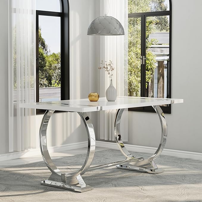 Asday White and Silver Rectangle Dining Table for 4-6, 60 inch Luxury Modern Dining Room Table with MDF Tabletop and Mirrored Chrome U-Shaped Base for Living Room, Kitchen, Apartment