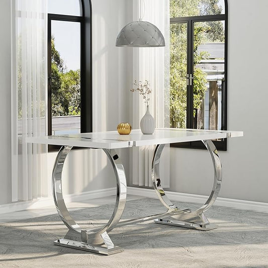 Asday White and Silver Rectangle Dining Table for 4-6, 60 inch Luxury Modern Dining Room Table with MDF Tabletop and Mirrored Chrome U-Shaped Base for Living Room, Kitchen, Apartment