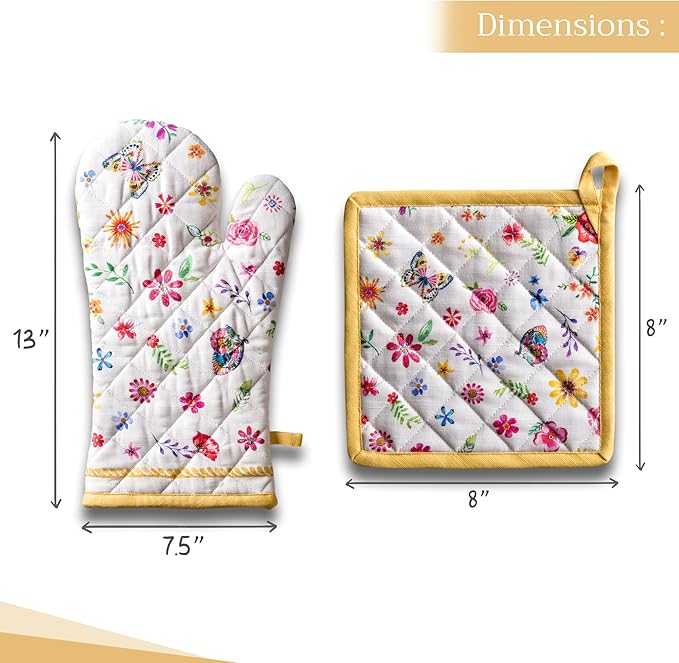 Maison d' Hermine 100% Cotton Oven Mitt & Pot Holder Set (7.5"x13" & 8"x8") Heat Resistant BBQ Cooking Gloves with Loop, Grilling, Kitchen, Handling Hot Pans Spring/Summer (Happy Florals - Sweety)