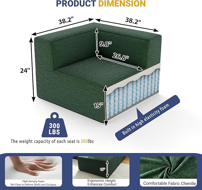 38“ Modular Sectional Sofa Convertible Cube Couch Seat Set, Combine L-Shaped U-Shaped, Free Assembly, Space-Saving for Living Room, Thick Foam Fabric Chenille Green (Only Corner)