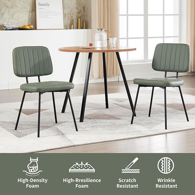 Dining Chairs Set of 2, Faux Leather Upholstered Dining Chairs, Mid Century Modern Kitchen Dining Room Accent Chairs with Curved Backrest and Steel Frame for Kitchen, Living Room - Green