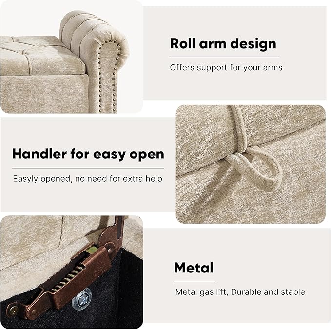 Storage Bed Bench for Bedroom, Chenille 67" End of Bed King Size Benches with Armrest, Tufted Button Upholstered Ottoman Bench for Living Room, Entryway, Khaki