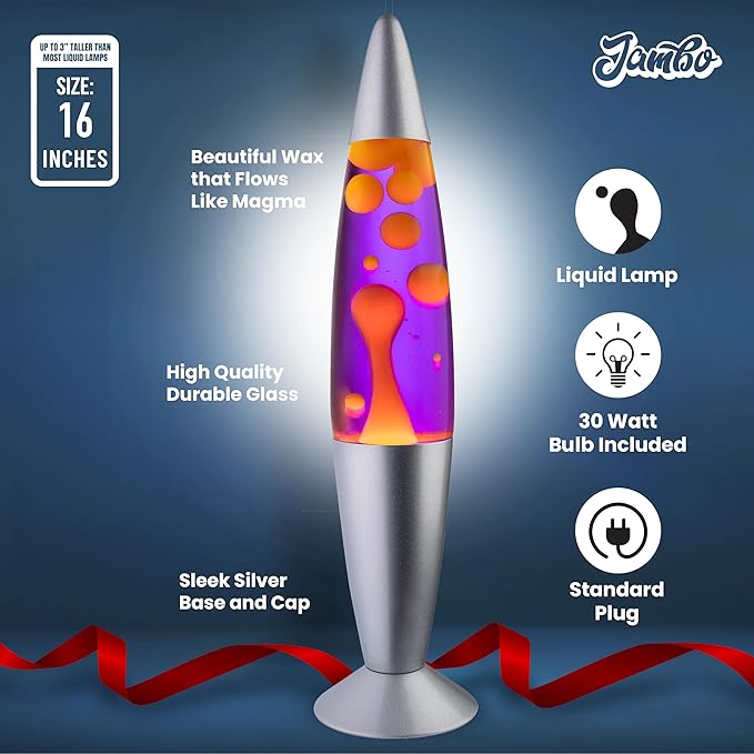 JAMBO 16" Beautiful Lamp- Purple with Yellow/Orange Wax, Relaxing Liquid Light, Night Light Nightlight, Home Decor Living Room Office Bedroom Lamp for Adults Teens Kids Magma Motion