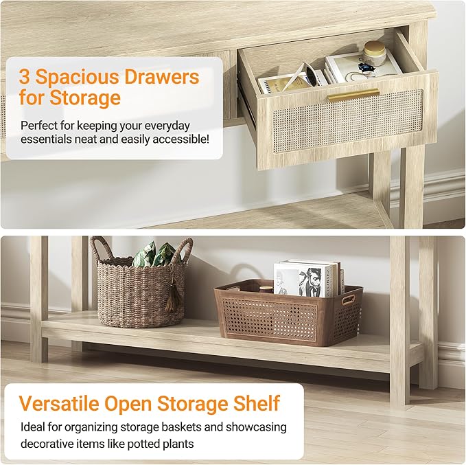 ELYKEN Rattan 51.2" Console Table with 3 Drawer, Entryway Table with Drawer & Shelf, Boho Sofa Table Behind Couch Foyer for Living Room, Hallway, Natural Wood