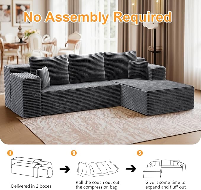 106'' Boneless Couches for Living Room, L Shaped Modular Sectional Sofa with Chaise Lounge, Faux Rabbit Fur & Layered Cushion Deep Seat Cloud Couch, No Assembly (Dark Grey, Right Facing Chaise)