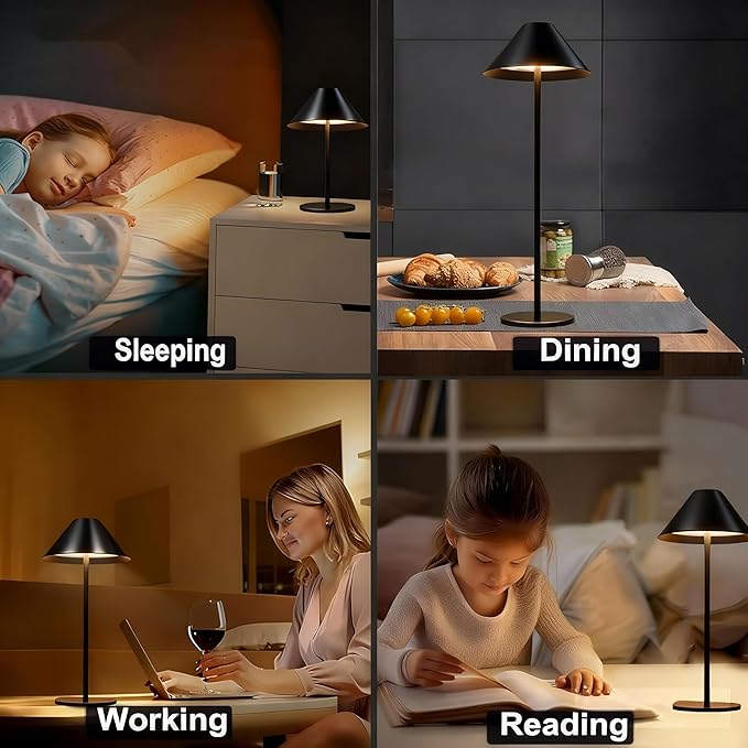 Black Cordless Lamp Set of 2, Rechargeable Battery Table Light Metal Lampshade with Flexible Height Pole, 3 Color Dimmable Bedside Touch Lamp, Portable Wireless Lamp for Reading/Home