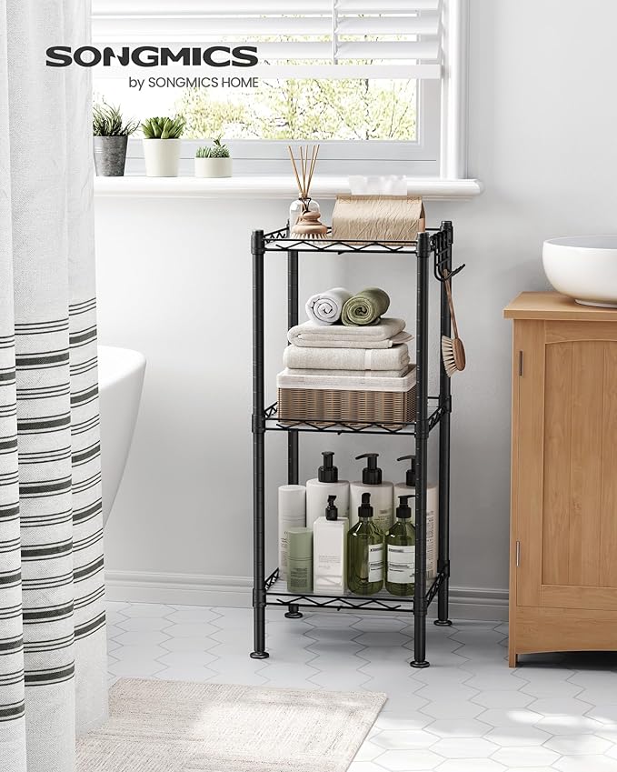 SONGMICS 3-Tier Bathroom Shelf, Storage Rack for Small Space, with 3 PP Shelf Liners, Removable Hook, Extendable Design, Ink Black and Translucent ULGR103B01
