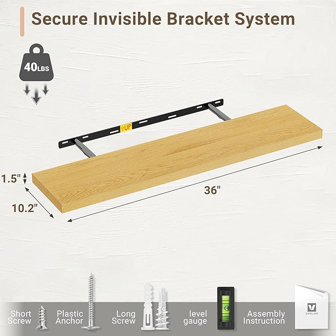 Vivelove 10" Deep Floating Shelves with Invisible Brackets, 36" Wall Shelves for Bathroom Bedroom Kitchen Living Room Laundry Room, Modern Rustic Shelves for Home Decor, 36"x10.2"x1.5", Set of 2, Oak