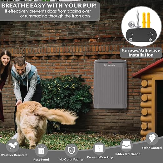 PAWZIDEA Dog Poop Trash Can Outside Wall Mount Odor Control, 2.1 Gallon Small Dog Poop Can Outdoor with Lid No Smell, Hang on Fence, Garbage, Backyard, Dog Waste Can Container, Activated Carbon Filter