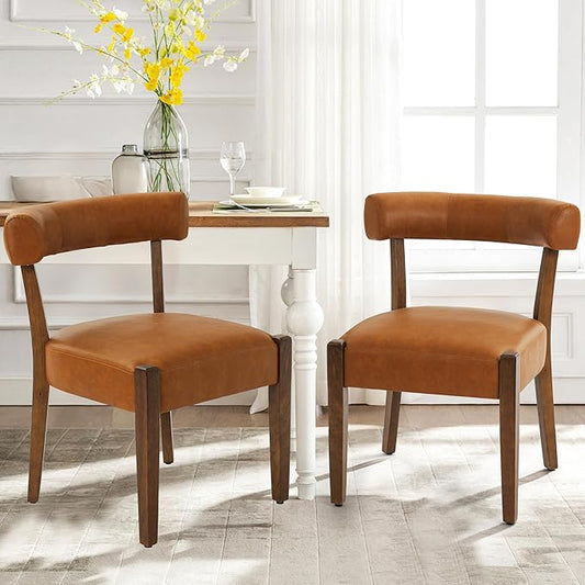 Faux Leather Dining Chairs Set of 2 Upholstered Kitchen & Dining Room Wooden Chairs Mid Century Modern Dining Chairs Low Back, Brown