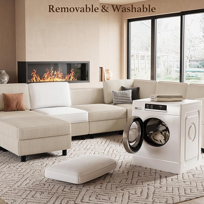 114.2" Modular Sectional Sofa with Deep Storage Seat,U Shaped Sectional Sofa Couch Convertible 6 Seater Corduroy Couch with Movable Ottoman,Upholstered Sectional Couches for Living Room,Beige