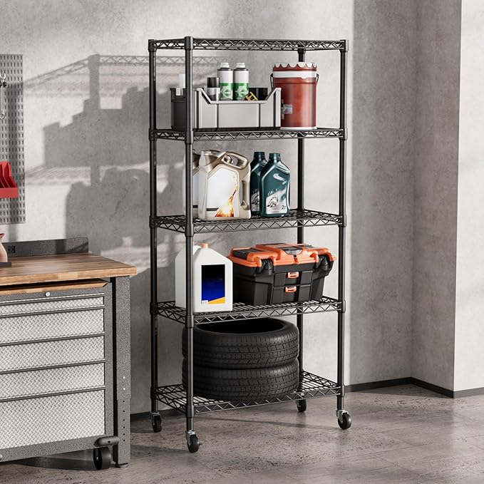 SINGAYE 5 Shelf Adjustable Heavy Duty Storage Shelving Unit with Wheels Steel Organizer Wire Rack Shelves Bathroom Organizers and Shelf Wire Closet Metal Pantry Kitchen Garage 14" DX30 WX70 H Black