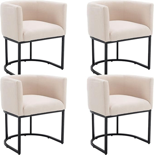 Linen Fabric Dining Chairs Set of 4 Modern Barrel Arm Chairs with Black Frame Upholstered Kitchen Chairs 18.5" Wide Accent Chairs for Living Room Dining Room Restaurant, Cream