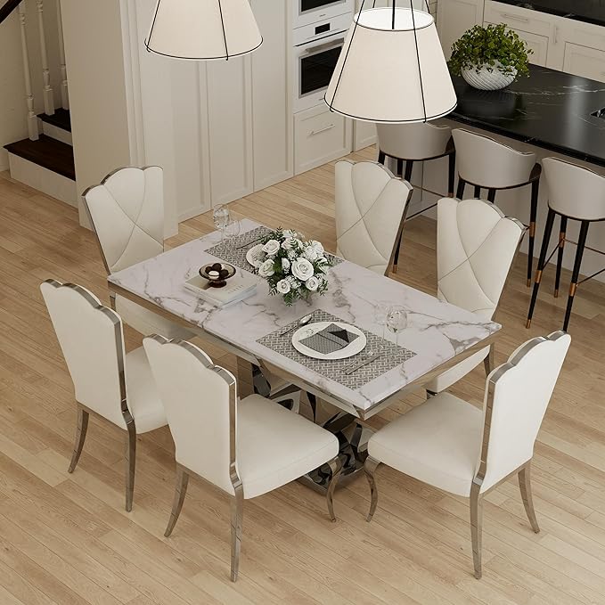 Modern Dining Room Table with Silver Stainless Steel Metal U-Base in White Silver