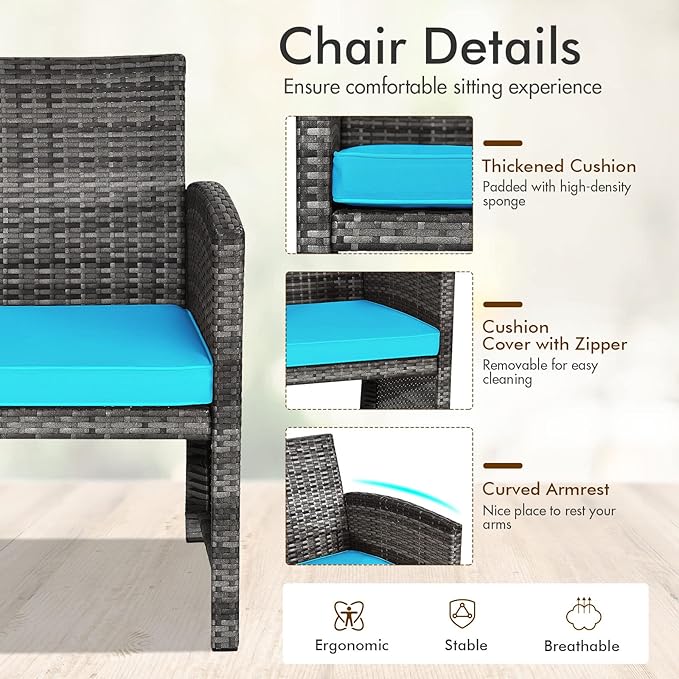 Goplus 4-Piece Rattan Patio Furniture Set, Outdoor Wicker Conversation Sofa with Weather Resistant Cushions and Tempered Glass Tabletop for Lawn Backyard Pool Garden (Turquoise)