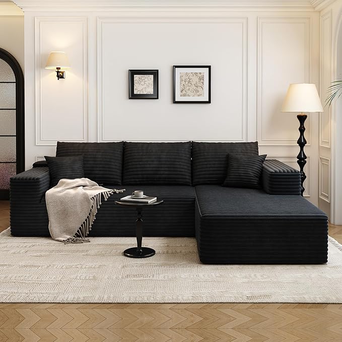 107.5" Cloud Modular Sectional Sofa Couch with L-Shape Chaise,Modern Minimalist Upholstered Couches for Living Room Bedroom,Deep Seat Corner Couch，No Assembly Required (Black,Right Facing Chaise)