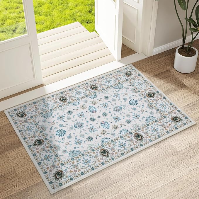 WILLSUN Washable Area Rugs, 2x3 Non-Slip Boho Small Area Rugs for Entryway, Kitchen, Bathroom, Machine Washable Vintage Rug, Indoor Floral Print Carpet for Home Decor, Kid & Pet Friendly Mat