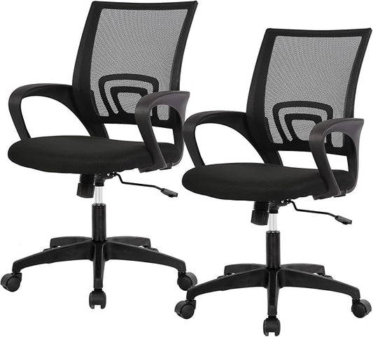 BestOffice | Ergonomic Office Chair | Mid-Back Swivel Desk Chair | Breathable Backrest & Lumbar Support | Adjustable Height | Sponge Seat | Rolling Wheels | Dark Black | for Adults & Women