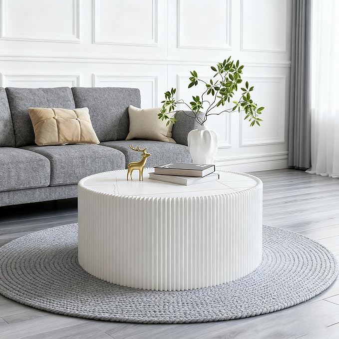 White Round Coffee Table with Sintered Stone Tabletop, 29.52" Drum Coffee Table with Fluted PU Leather Covered and Stable Base, Circle Cocktail Tea Table for Living Room